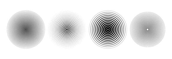 Black concentric circle set. Sonar or sound wave ring collection. Halftone and linear epicentre, target, radar icon concept. Ripple radial signal or vibration elements. Line and dotted symbols vector