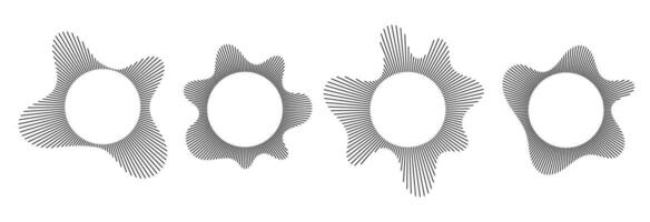 Black radial sound wave line pattern set. Circular audio, music or voice icon collection. Linear undulate wavy equalizer spectrum symbol pack. Circle sunburst bundle. Soundwave elements vector