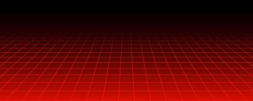 Red glowing neon wireframe background. Shining checkered horizontal grid planes in perspective. Retro futuristic depth wallpaper. Arcade game sci fi matrix surface backdrop for poster, banner. vector