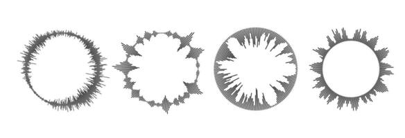 Radial sound wave pattern set. Circular audio, music or voice icon collection. Round equalizer spectrum symbol pack. Circle sun burst bundle. Black wavy soundwave center elements vector