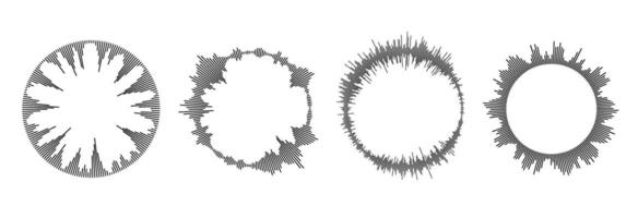 Radial sound wave pattern set. Circular audio, music or voice icon collection. Round wavy equalizer spectrum symbol pack. Circle sun burst bundle. Black soundwave elements vector