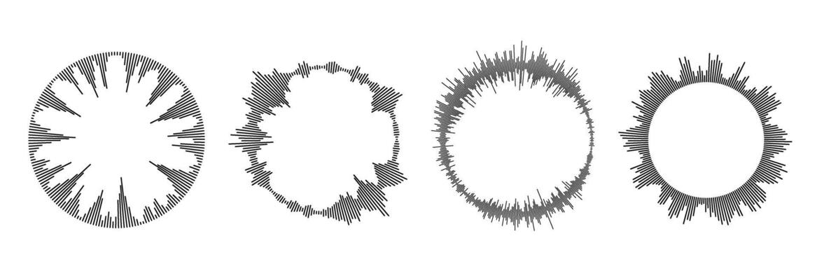 Radial sound wave pattern set. Circular audio, music or voice icon collection. Round wavy equalizer spectrum symbol pack. Circle sun burst bundle. Black soundwave elements