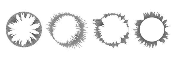 Radial sound wave pattern set. Circular audio, music or voice icon collection. Round wavy equalizer spectrum symbol pack. Circle sun burst bundle. Black soundwave center elements vector