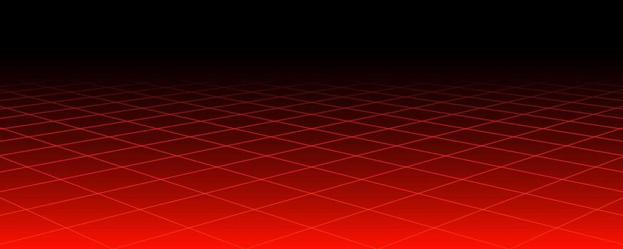 Red glowing neon wireframe background. Shining diagonal checkered grid planes in perspective. Retro futuristic depth wallpaper. Arcade game sci fi matrix surface backdrop for poster, banner. vector