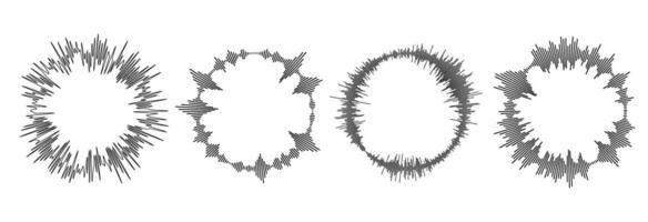 Radial sound wave ray pattern set. Circle sun burst beams collection. Circular audio, music or voice icon bundle. Round equalizer spectrum symbol pack. Black wavy soundwave center elements vector