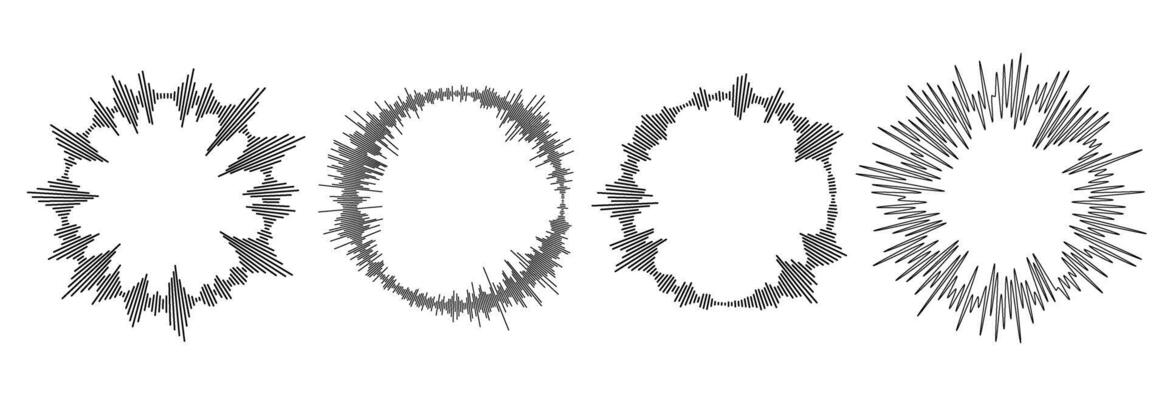 Radial sound wave pattern set. Circle sun burst bundle. Circular audio, music or voice icon collection. Round equalizer spectrum symbol pack. Black wavy soundwave center elements