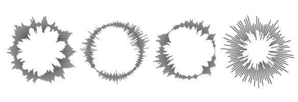 Radial sound wave ray pattern set. Circle sun burst beams bundle. Circular audio, music or voice icon collection. Round equalizer spectrum symbol pack. Black wavy soundwave center elements vector