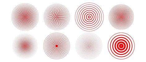 Red concentric circle set. Radial sonar or sound wave ring collection. Halftone, dashed and dotted line epicenter, target, radar icon symbol pack. Ripple concentric signal vibration elements. vector
