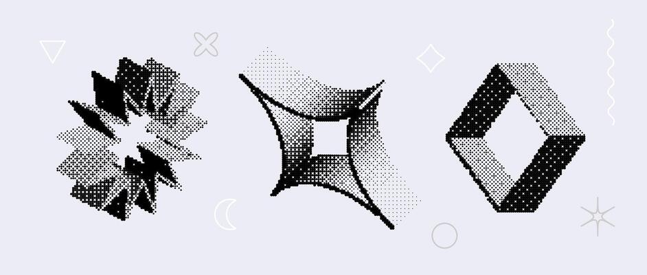 Bitmap textured shape set. Dither halftone objects collection. Black 3d square, star, rhombus elements for banner, poster, leaflet. Abstract pixelated raster effect bundle.