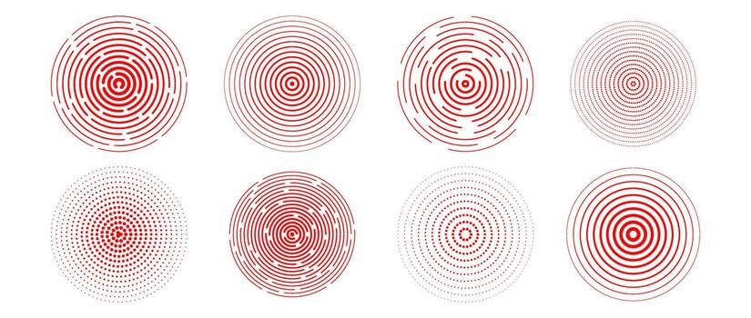 Red concentric circle set. Radial sonar or sound wave ring collection. Halftone, dashed and dotted line epicenter, target, radar icon symbols. Ripple concentric signal vibration elements. vector
