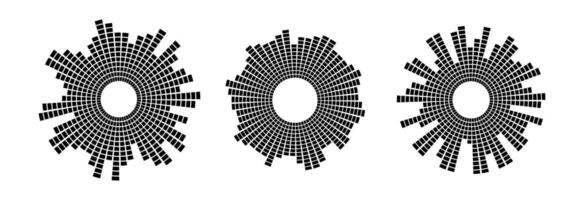 Black radial sound wave pattern set. Circular audio, music or voice icon collection. Round wavy equalizer spectrum symbol pack. Circle sunburst bundle. Soundwave element illustration vector