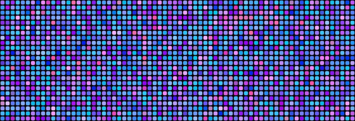 Purple disco party seamless pattern. Rounded square sequin mosaic texture background. Abstract shining colorful halftone wallpaper. Pop up comic glitter sparkles backdrop. Retro design template