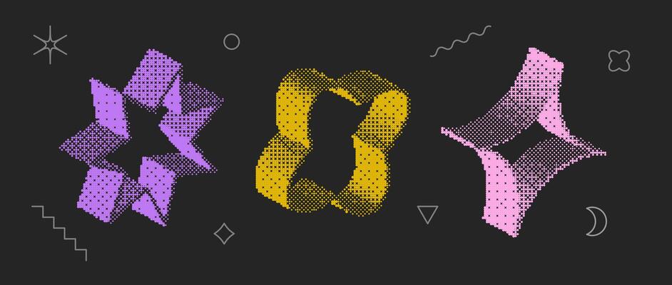 Bitmap textured shape set. Dither halftone objects collection. Colorful 3d flower, star, diamond elements for banner, poster, leaflet. Abstract pixelated raster effect bundle.