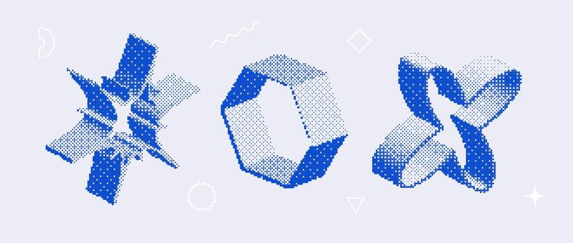 Bitmap textured shape set. Dither halftone objects collection. Blue 3d flower, star, hexagon elements for banner, poster, leaflet. Abstract pixelated raster effect bundle. vector