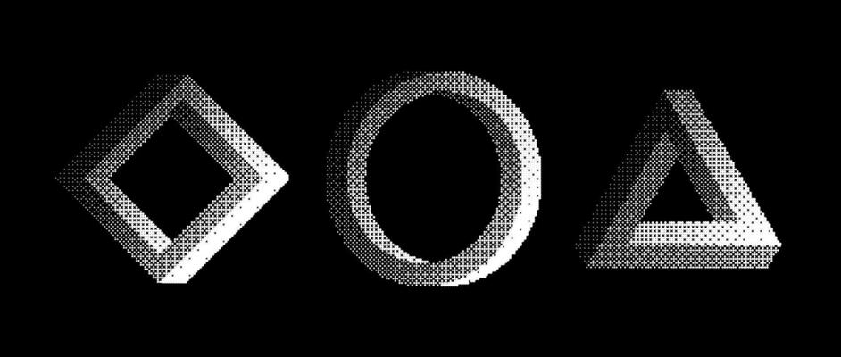 Bitmap textured impossible shapes set. Dither halftone geometric objects collection. Black triangle, circle, square elements for banner, poster, leaflet. Pixelated 3d raster effect bundle.