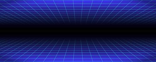 Glowing neon wireframe background. Blue shining checkered grid planes in perspective. Bright retro futuristic horizon wallpaper. Arcade game sci fi matrix surface. Backdrop for poster, banner vector