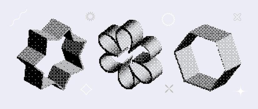 Bitmap textured shape set. Dither halftone objects collection. Black 3d flower, star, hexagon elements for banner, poster, leaflet. Abstract pixelated raster effect bundle. vector