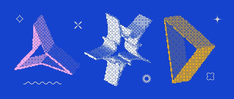 Bitmap textured shape set. Dither halftone objects collection. Colorful 3d star and triangle elements for banner, poster, leaflet. Abstract pixelated raster effect bundle.
