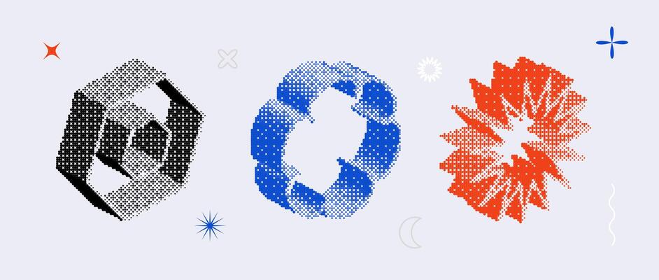 Textured bitmap shapes set. Blue, red, black dither halftone objects collection. 3d star, flower, hexagon elements for banner, poster, leaflet. Abstract pixelated raster effect bundle.