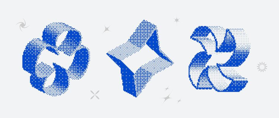 Bitmap textured shape set. Dither halftone objects collection. Blue 3d flower, star, rhombus elements for banner, poster, leaflet. Abstract pixelated raster effect bundle.