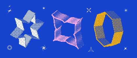 Bitmap textured shape set. Dither halftone objects collection. Colorful 3d flower, star, octagon elements for banner, poster, leaflet. Abstract pixelated raster effect bundle. vector