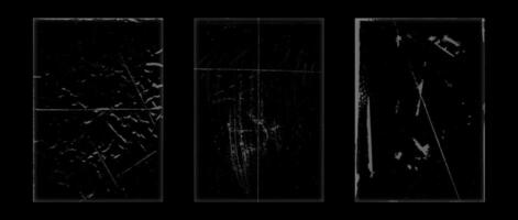 Rough grunge vinyl overlay set. Folded paper photocopy texture collection. Old worn scratched crumpled background. Dirt grainy scanned distress wallpaper for poster, cover, frame, banner. vector