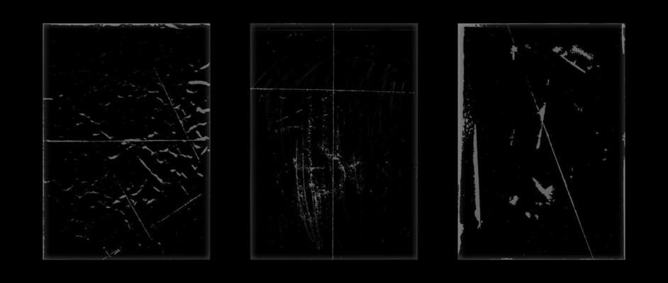 Rough grunge vinyl overlay set. Folded paper photocopy texture collection. Old worn scratched crumpled background. Dirt grainy scanned distress wallpaper for poster, cover, frame, banner.