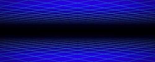 Glowing neon wireframe background. Blue diagonal checkered grid planes in perspective. Bright retro futuristic horizon wallpaper. Arcade game sci fi matrix surface. Backdrop for poster, banner vector