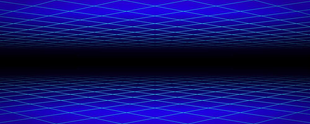 Glowing neon wireframe background. Blue diagonal checkered grid planes in perspective. Bright retro futuristic horizon wallpaper. Arcade game sci fi matrix surface. Backdrop for poster, banner