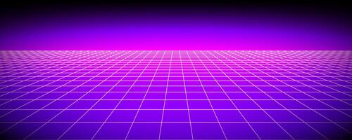 Glowing neon wireframe background. Purple shining checkered grid planes in perspective. Bright retro futuristic horizon wallpaper. Arcade game sci fi matrix surface. Backdrop for poster, banner vector