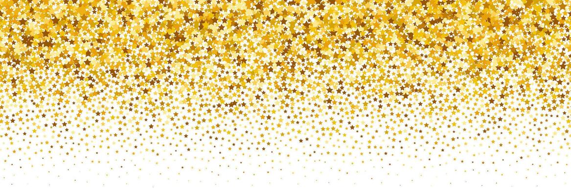 Gold falling star confetti background. Repeated golden sparkle glitter pattern. Yellow and orange stars gradient wallpaper. Celebration Christmas, New Year or birthday party backdrop