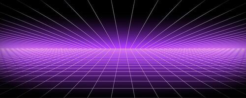 Glowing neon purple wireframe background. Shining checkered grid planes in perspective. Bright retro futuristic horizon wallpaper. Arcade game sci fi matrix surface. Backdrop for poster, banner vector