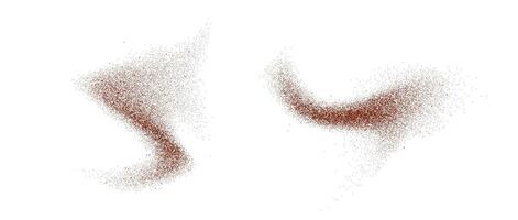 Coffee, cocoa or chocolate powder particles and speckles. Brown dust or sand wavy elements. Ground beans, grains and granules wave flowing shapes. Sprayed speck swirl overlay textures vector