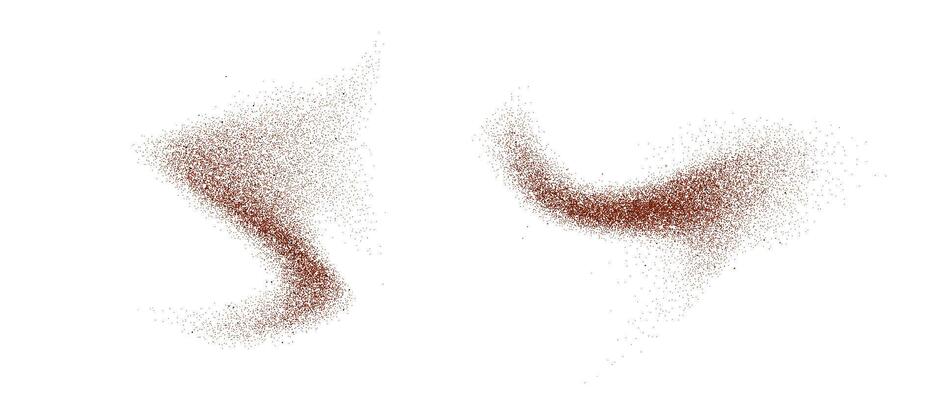Coffee, cocoa or chocolate powder particles and speckles. Brown dust or sand wavy elements. Ground beans, grains and granules wave flowing shapes. Sprayed speck swirl overlay textures