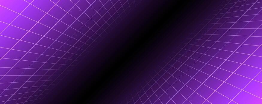 Purple glowing neon wireframe background. Shining checkered diagonal grid planes in depth. Retro futuristic wallpaper. Arcade game sci fi matrix surface backdrop for poster, banner. vector