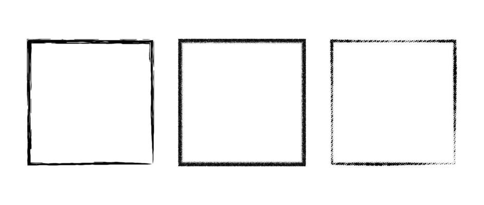 Grunge square frame set. Dotted, stippled and paint brushed black border collection. Chalk or halftone rectangular design elements for banner, poster, flyer, brochure, cover. Squared carde