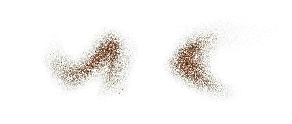 Coffee, cocoa or chocolate powder particles and speckles. Brown dust or sand wavy elements. Ground beans, grains and granules wave flowing shapes. Sprayed specks overlay textures