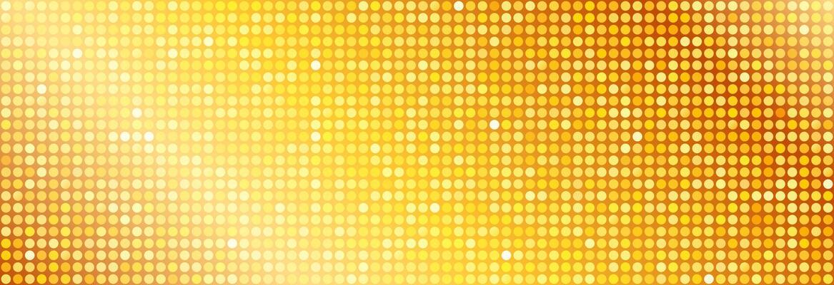 Golden disco party pattern. Yellow round sequin mosaic texture background. Abstract gold shining glitter halftone wallpaper. Sparkling glitter backdrop. Retro design template