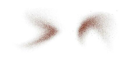 Coffee, cocoa or chocolate powder particles and speckles. Brown dust or sand wavy elements. Grounded beans, grains and granules wave flowing shapes. Spray speck swirl overlay textures vector