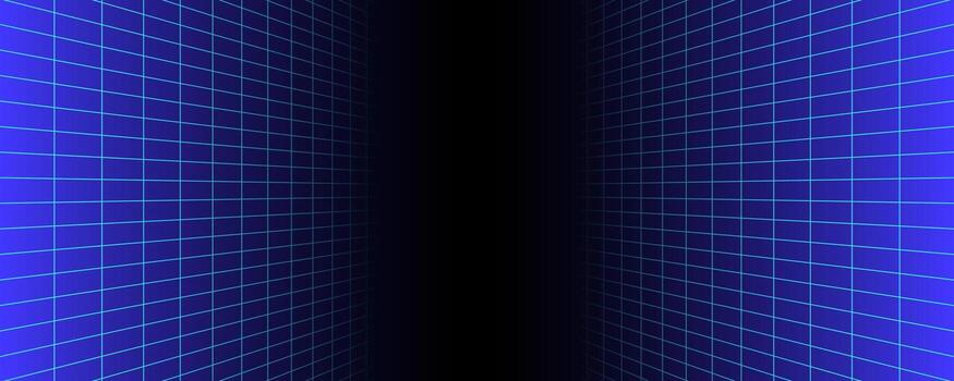 Blue glowing neon wireframe background. Shining checkered vertical grid planes in perspective. Retro futuristic depth wallpaper. Arcade game sci fi matrix surface backdrop for poster, banner. vector