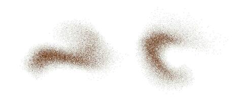 Coffee, cocoa or chocolate powder particles and speckles. Brown dust or sand wavy elements. Grounded beans, grains and granules wave flowing shapes. Sprayed speck swirl overlay textures vector