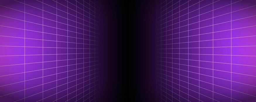 Purple glowing neon wireframe background. Shining checkered vertical grid planes in perspective. Retro futuristic depth wallpaper. Arcade game sci fi matrix surface backdrop for poster, banner vector
