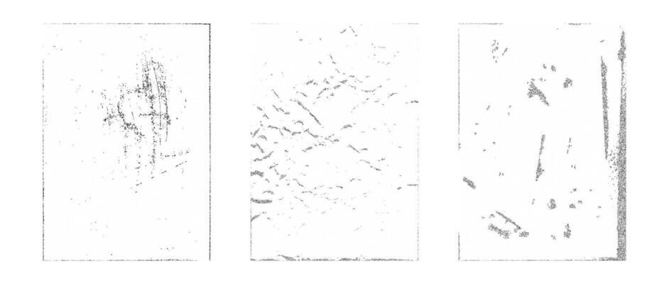 Stippled rough grunge collection. Aged pixelated texture paper overlay set. Dotted scratched crumpled background. Dirt grainy distressed background for poster, vinyl cover, frame, banner.