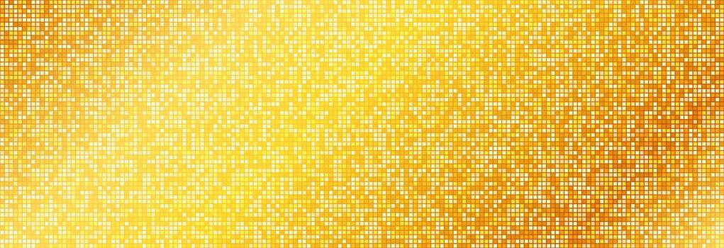 Golden disco party pattern. Yellow square sequin mosaic texture background. Abstract gold shining glitter halftone wallpaper. Sparkling glitter backdrop. Retro design template vector