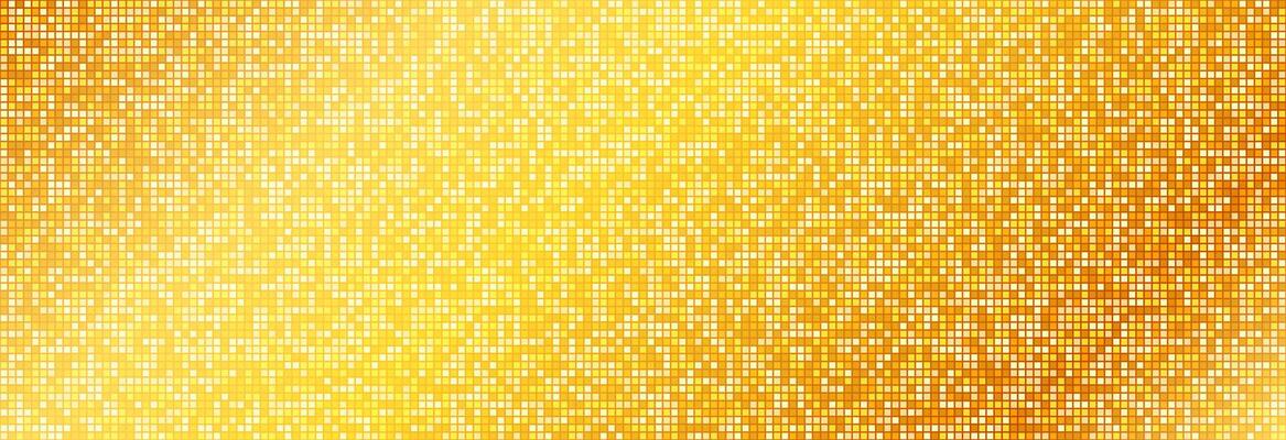 Golden disco party pattern. Yellow square sequin mosaic texture background. Abstract gold shining glitter halftone wallpaper. Sparkling glitter backdrop. Retro design template