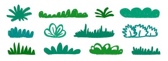 Hand drawn bushes and grass collection. Green crayon shrubbery and foliage set. Doodled shrub and tree shape bundle. Pencil sketched elements. Scribbled cartoon green plant pack. vector