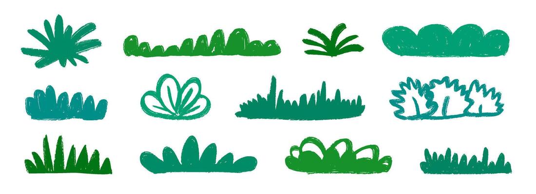 Hand drawn bushes and grass collection. Green crayon shrubbery and foliage set. Doodled shrub and tree shape bundle. Pencil sketched elements. Scribbled cartoon green plant pack.