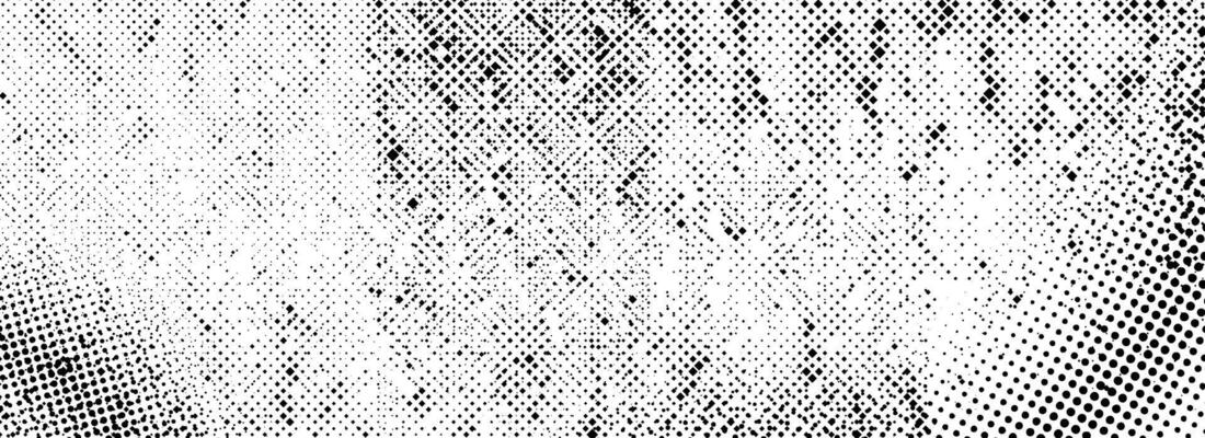 Rough grunge halftone texture. Distressed dirty aged background. Black dotted wallpaper for banner, poster, flyer, magazine, brochure. Scuffed ragged backdrop. Damaged glitched pixel overlay