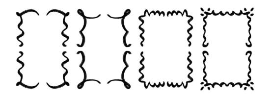 Hand drawn wavy frame set. Black curly ribbon borders collection. Curved squiggly rectangle border pack for invitation, wedding party, birthday, greeting card design. Doodled cadre frames vector