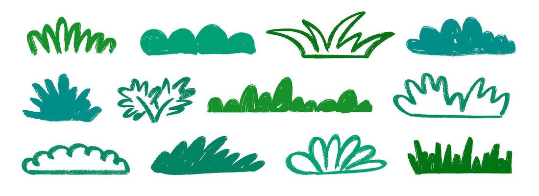 Hand drawn bushes and grass collection. Green crayon shrubbery and foliage set. Doodled shrub and tree shapes bundle. Pencil sketched elements. Scribbled cartoon green plants pack.